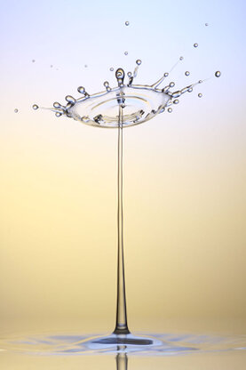 Farbige Wasserskuplturen, die aus mehreren Tropfen entstanden sind.